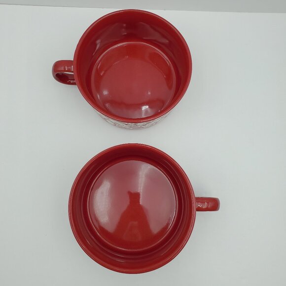 Cook's Essentials Red Soup Mugs Etched White on Red Chili Chowder Bowls - Picture 6 of 9